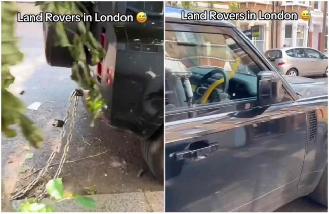 Портал «The Sun» опубликовал серию фотографий, на которых внедорожник Land Rover Defender прикован…