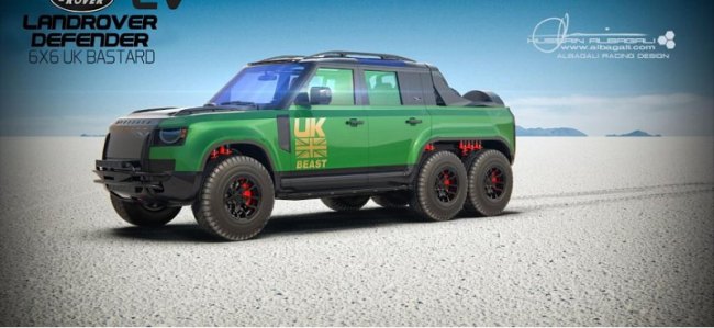 Электрический пикап Land Rover Defender с колесной формулой 6×6 показали на первых фоторендерах