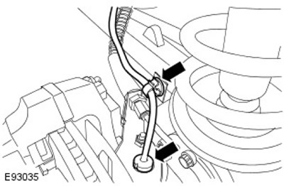 Изключете сензора за скорост на дясното предно колело. Освободете кабелния сноп от скобата.