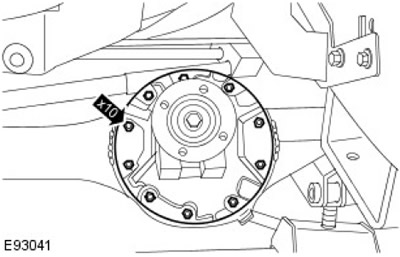 18. Отстранете корпуса на предния диференциал. Развийте и изхвърлете 10 гайки.