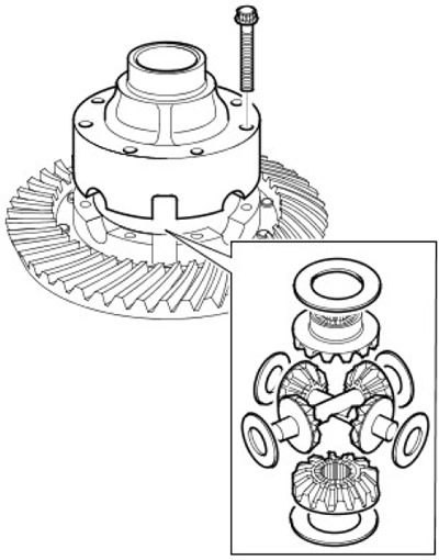 22. Отстранете 8-те болта, закрепващи горната част на корпуса на диференциала и свалете корпуса.