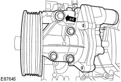 Монтирайте помпата на охлаждащата течност. Стегнете (момент на затягане 23 Nm).