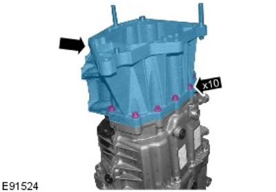 8. Свалете корпуса на трансмисионната конзола. Отстранете 10 болта.