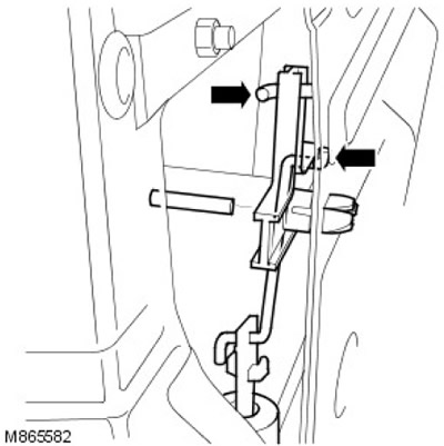 10. Изключете коляновия лост от пръта на заключващия бутон и го извадете от пръта на заключващия…