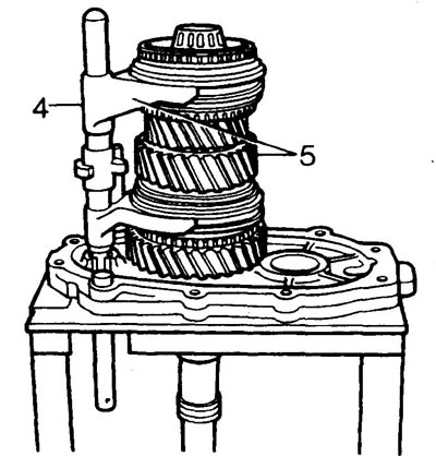 4. Move both synchronizers to neutral position and install the shift rod and forks into their…