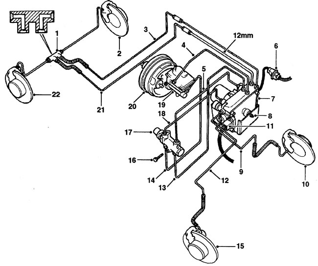 Models with ABS. 1 - double elbow, 2 - left rear brake, 3 - from modulator to left rear brake, 4 -…