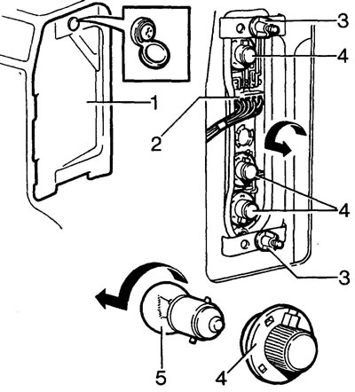1 - access panel, 2 - connector, 3 - mounting nut, 4 - lamp base, 5 - lamp.
