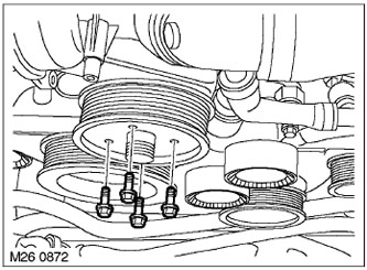 11. С помощта на инструмента LRT-12-215 задръжте шайбата на помпата на охладителната система и…