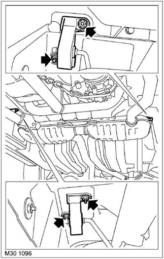 6. Развийте 4-те гайки, закрепващи предното гумено окачване на изпускателната система към тялото.