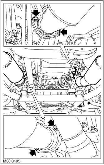 7. Развийте 4-те гайки, закрепващи фланците на изпускателната тръба към изпускателните колектори.…