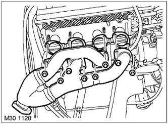 9. Свалете 8-те гайки на изпускателния колектор, свалете колектора и изхвърлете гайките и двете…