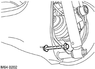 5. Отстранете гайката и болта, закрепващи долното рамо към опората на колесния лагер.