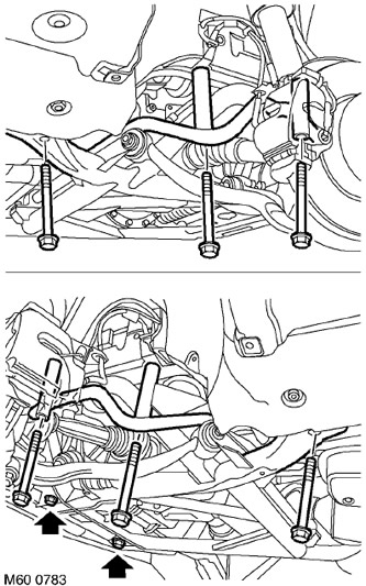 27. Отстранете 2-те винта, закрепващи подрамката към напречната греда и 6-те винта, закрепващи…